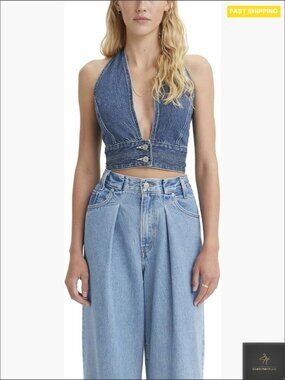 Daisy Denim Halter Top with Button Closure Sleeveless Y2K Layering